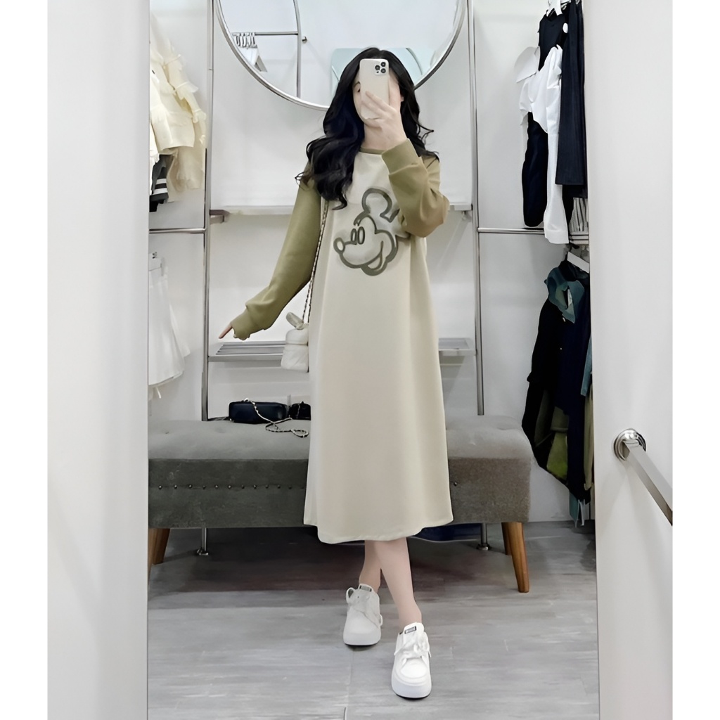 Váy thun dài tay dáng rộng dài suông phối màu họa tiết chuột Mickey Đầm tay bo không cổ bigsize bầu chubby T1381G