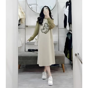 Váy thun dài tay dáng rộng dài suông phối màu họa tiết chuột Mickey Đầm tay bo không cổ bigsize bầu chubby T1381G