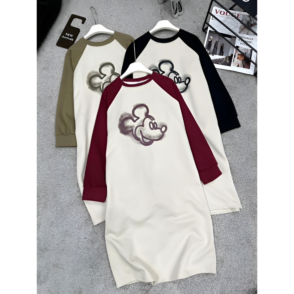 Váy thun dài tay dáng rộng dài suông phối màu họa tiết chuột Mickey Đầm tay bo không cổ bigsize bầu chubby T1381G