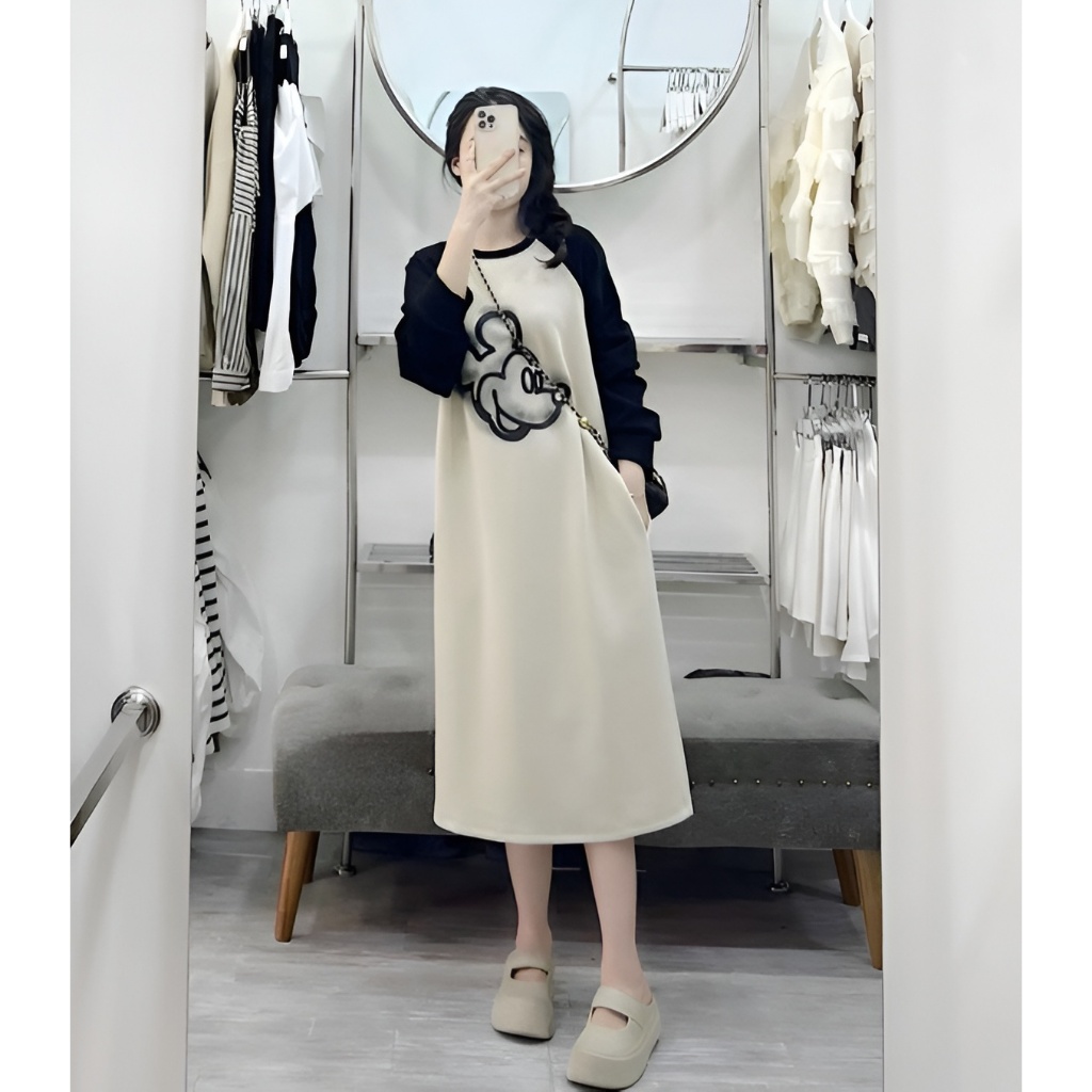 Váy thun dài tay dáng rộng dài suông phối màu họa tiết chuột Mickey Đầm tay bo không cổ bigsize bầu chubby T1381G