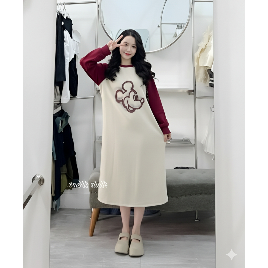 Váy thun dài tay dáng rộng dài suông phối màu họa tiết chuột Mickey Đầm tay bo không cổ bigsize bầu chubby T1381G