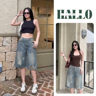 HALLO JEANS- Quần short jean lửng ống rộng, quần ngố nữ, quần short cạp cao phối rách phong cách cá tính M037