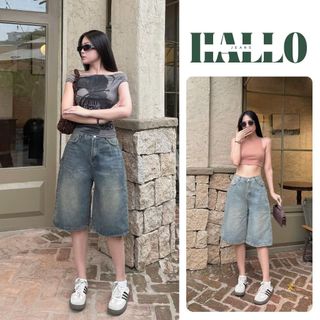 HALLO JEANS- Quần short jean lửng ống rộng, quần ngố nữ, quần short cạp cao phong cách cá tính M038