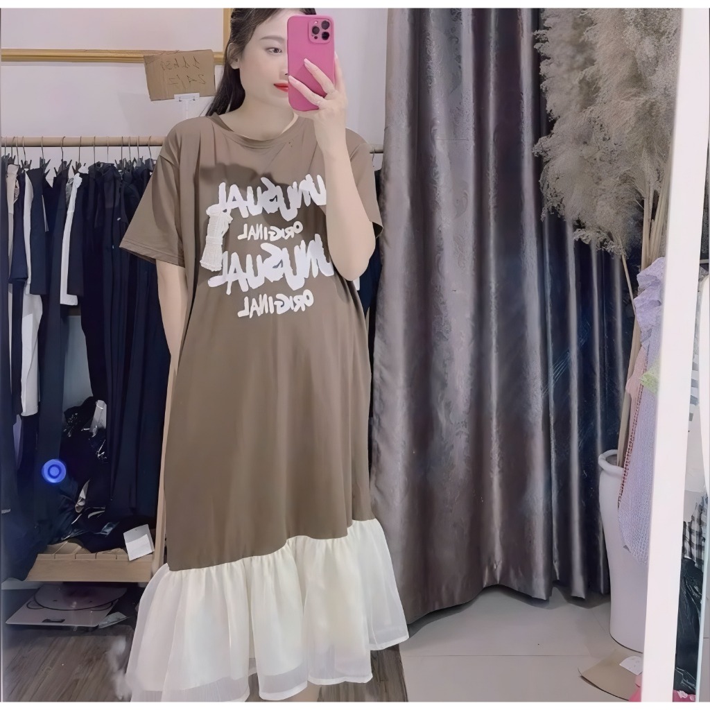 Váy đuôi cá họa tiết chữ cộc tay không cổ form rộng mặc nhà đi chơi bầu bigsize T1377G