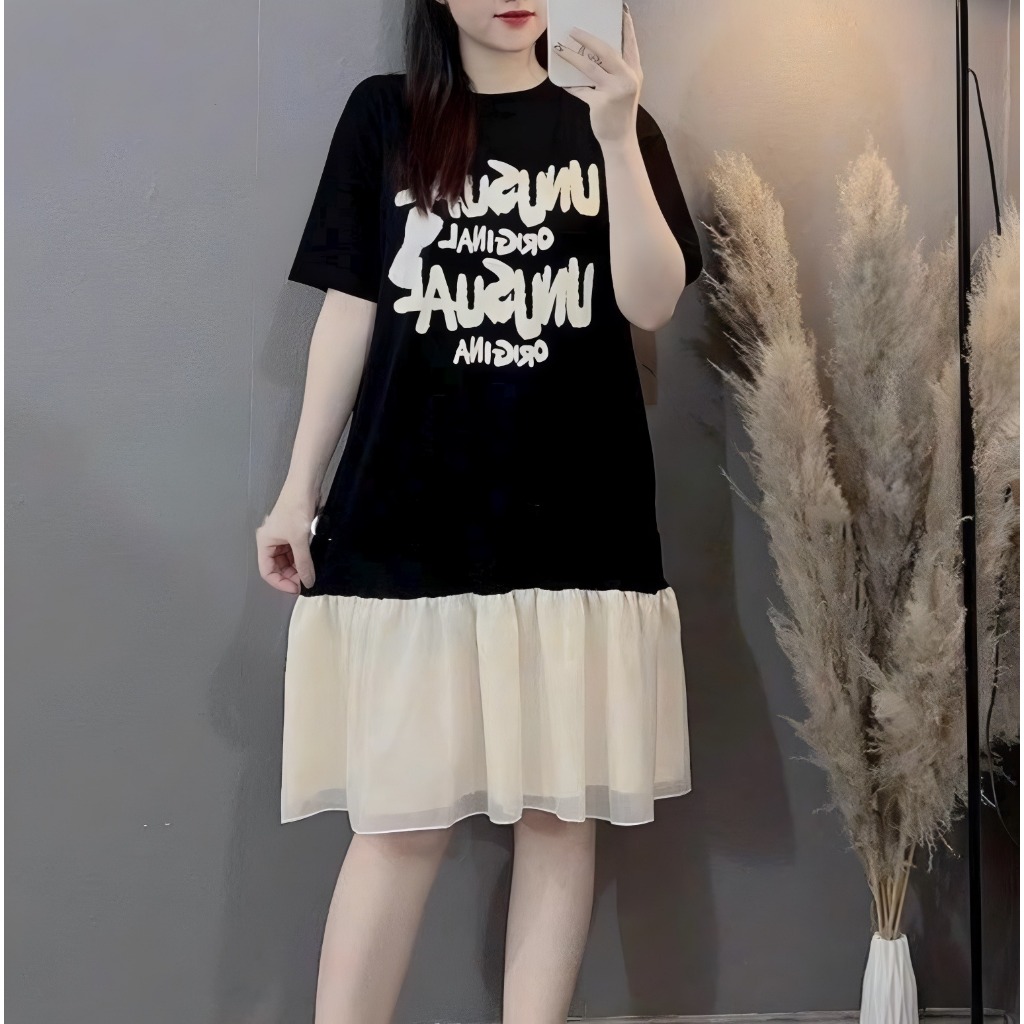 Váy đuôi cá họa tiết chữ cộc tay không cổ form rộng mặc nhà đi chơi bầu bigsize T1377G