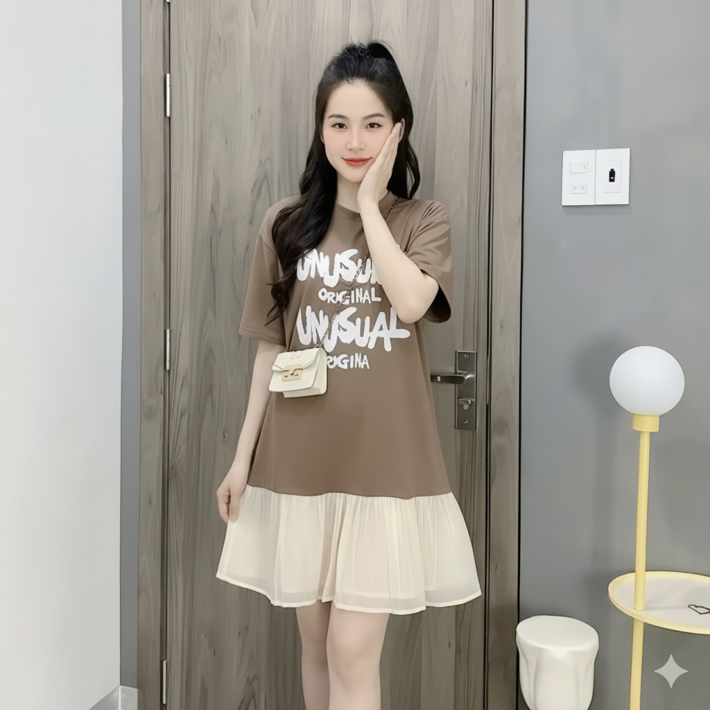 Váy đuôi cá họa tiết chữ cộc tay không cổ form rộng mặc nhà đi chơi bầu bigsize T1377G