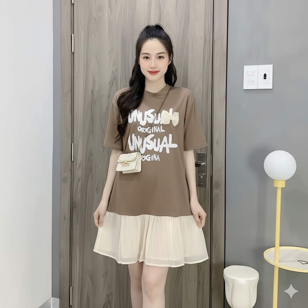 Váy đuôi cá họa tiết chữ cộc tay không cổ form rộng mặc nhà đi chơi bầu bigsize T1377G