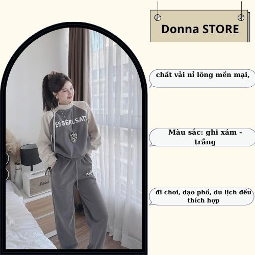 set đồ nữ mùa đông ,đồ bộ nữ áo cổ 2 phân phối màu thêu chữ mix quần dài suông cạp chun siêu xinh Donna hcom3680