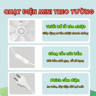 Quạt Treo Tường Mini YATASMART Không Cần Khoan Tường Lắp Đặt Dễ Dàng Điều Chỉnh Gió 360 Độ 5 Lá 8 Lá