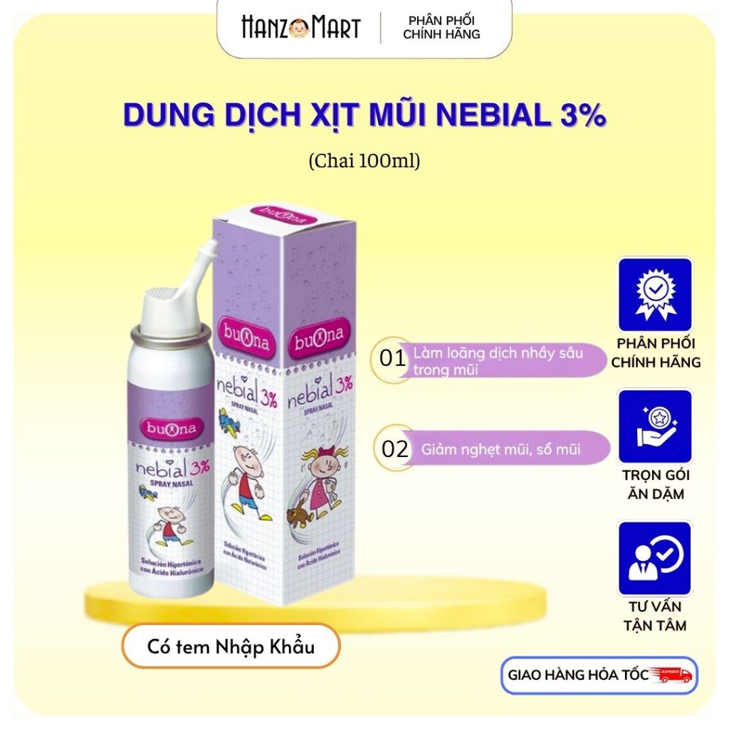 Buona Nebial / Nebianax 3% Spray Nasale - Xịt Mũi muối ưu trương Hiệu Quả Nhanh Cho Sổ Mũi, Nghẹt Mũi - Lọ 100ml