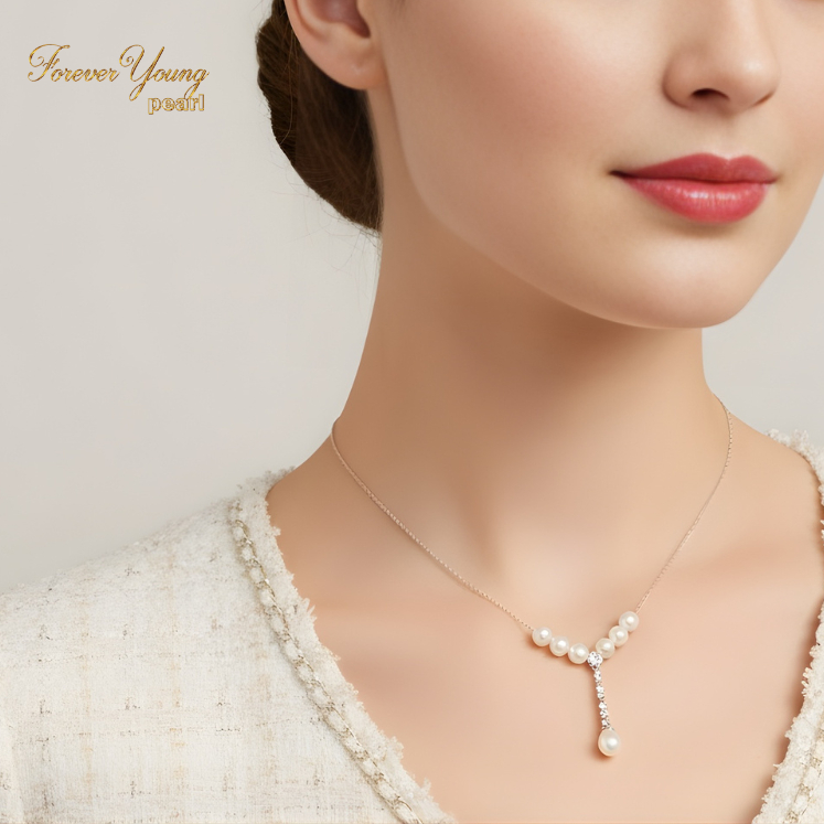 DC194 - Dây chuyền mạ vàng trắng, kết ngọc Trai nuôi nước ngọt 6-8 li, dài 42-48cm, charm đính đá CZ