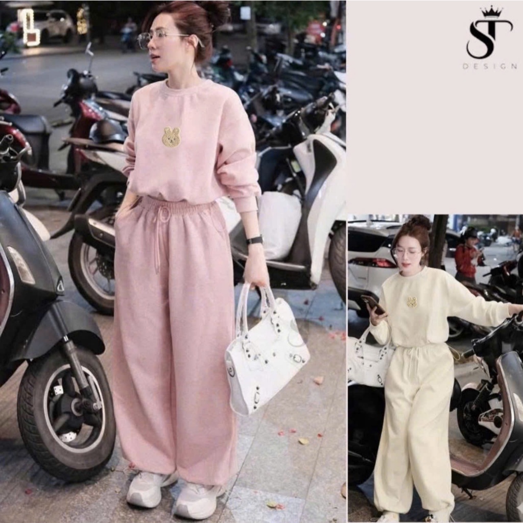 Set thể thao nữ hàng QC chất nỉ 2 da thêu tay dây rút + quần bomber bo gấu - ST Design - 44