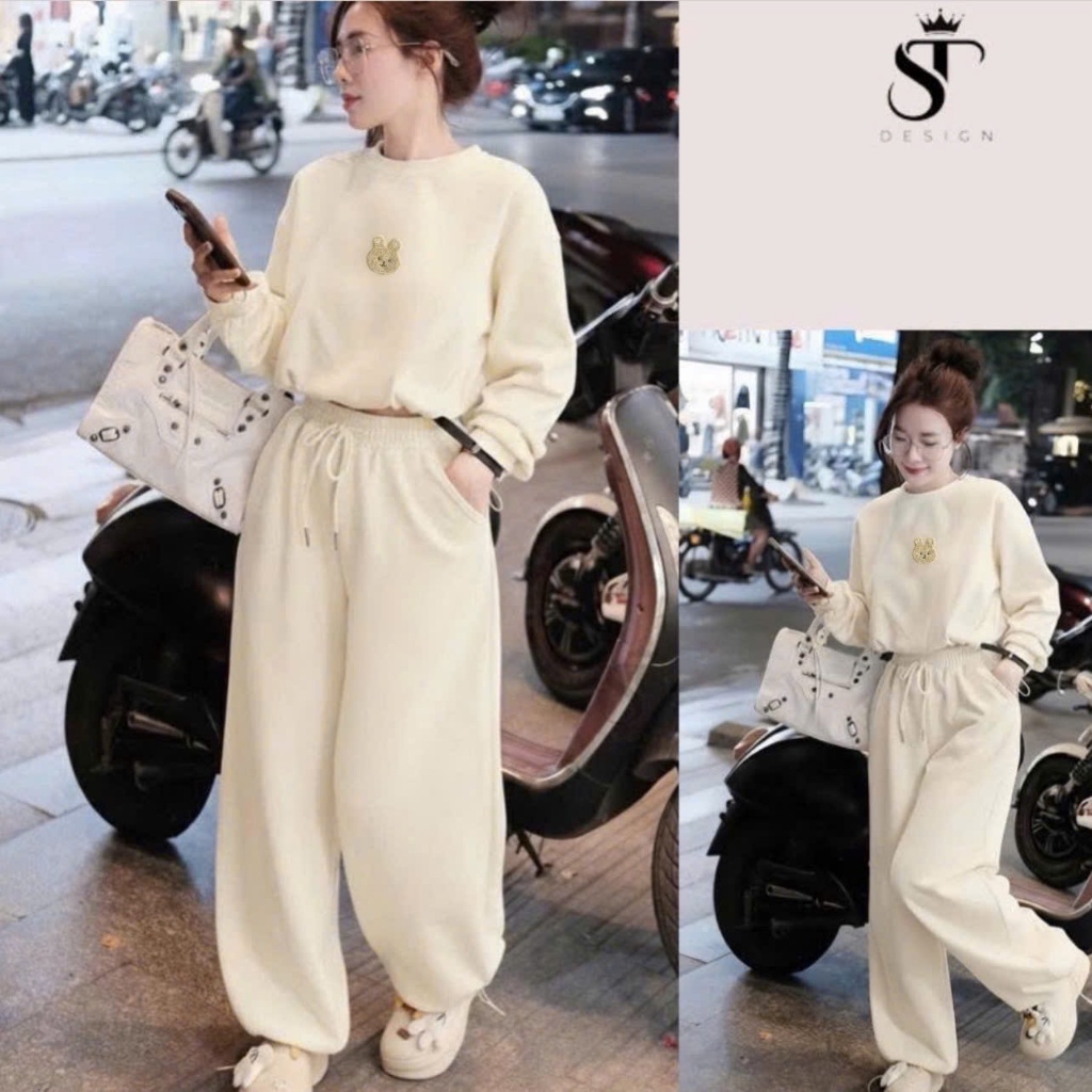 Set thể thao nữ hàng QC chất nỉ 2 da thêu tay dây rút + quần bomber bo gấu - ST Design - 44