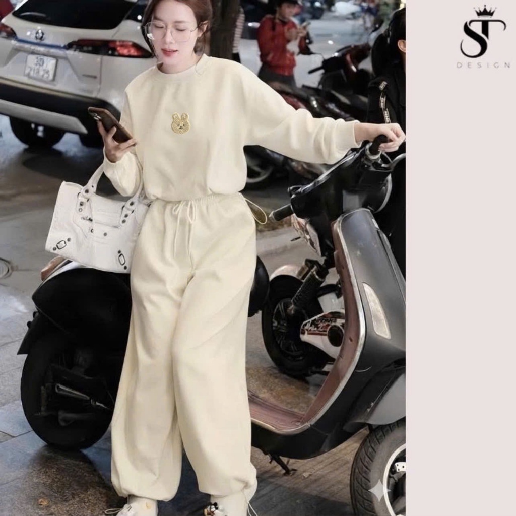 Set thể thao nữ hàng QC chất nỉ 2 da thêu tay dây rút + quần bomber bo gấu - ST Design - 44