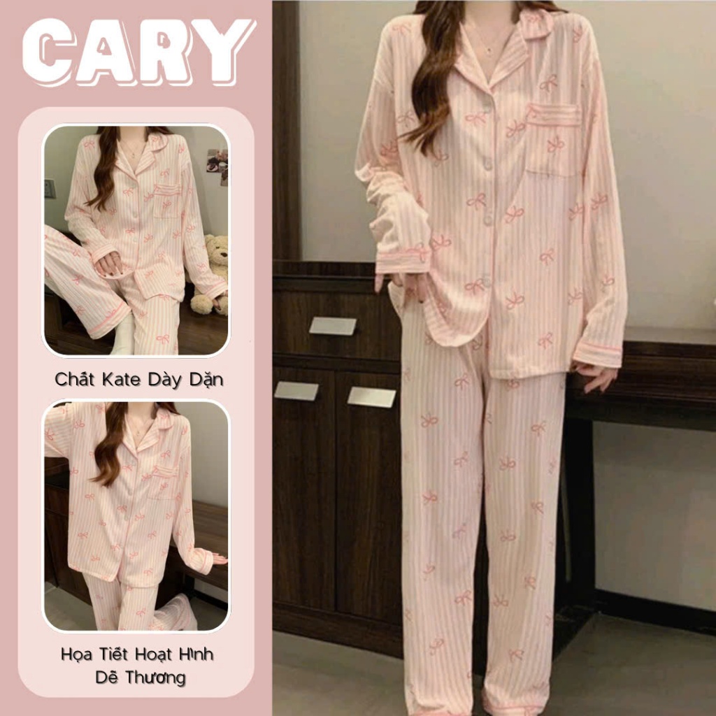 Bộ pijama tay dài sọc nơ cho cô gái ngọt ngào, phong cách Hàn Quốc ...