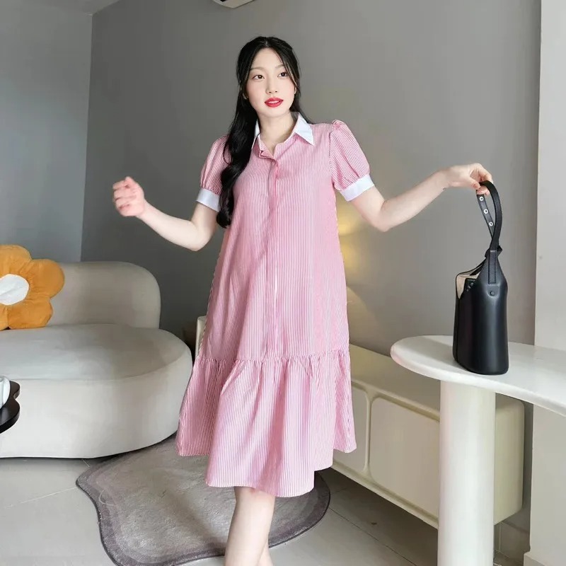 Váy sơ mi dáng dài kẻ đuôi cá tay bồng phối viền basic form rộng T1372G