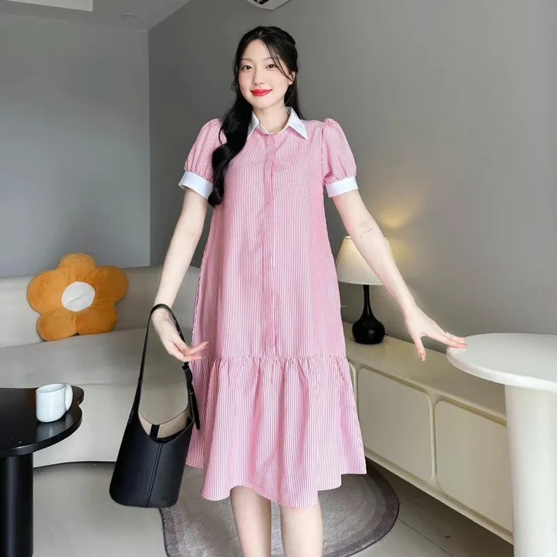 Váy sơ mi dáng dài kẻ đuôi cá tay bồng phối viền basic form rộng T1372G