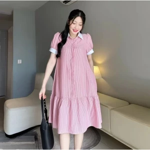 Váy sơ mi dáng dài kẻ đuôi cá tay bồng phối viền basic form rộng T1372G