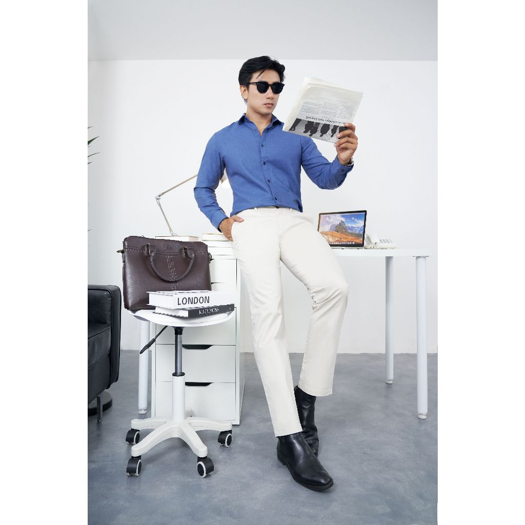 Áo Sơ Mi Nam Dài Tay NINOMAXX Xanh Navy Dáng Slimfit Chất Melange Cotton Chống Nhăn Mềm Mại 2110016