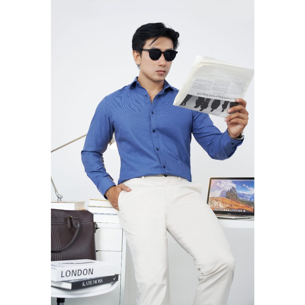 Áo Sơ Mi Nam Dài Tay NINOMAXX Xanh Navy Dáng Slimfit Chất Melange Cotton Chống Nhăn Mềm Mại 2110016