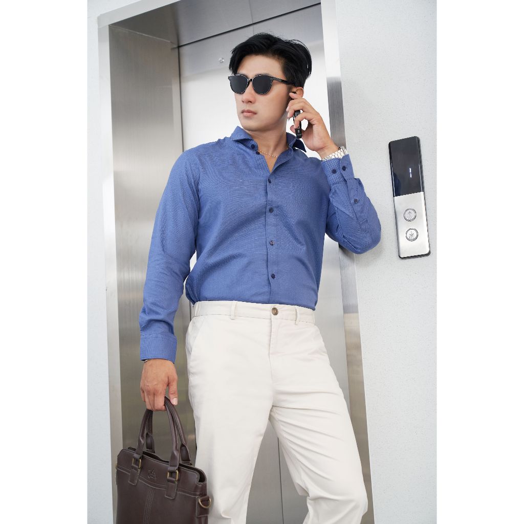 Áo Sơ Mi Nam Dài Tay NINOMAXX Xanh Navy Dáng Slimfit Chất Melange Cotton Chống Nhăn Mềm Mại 2110016