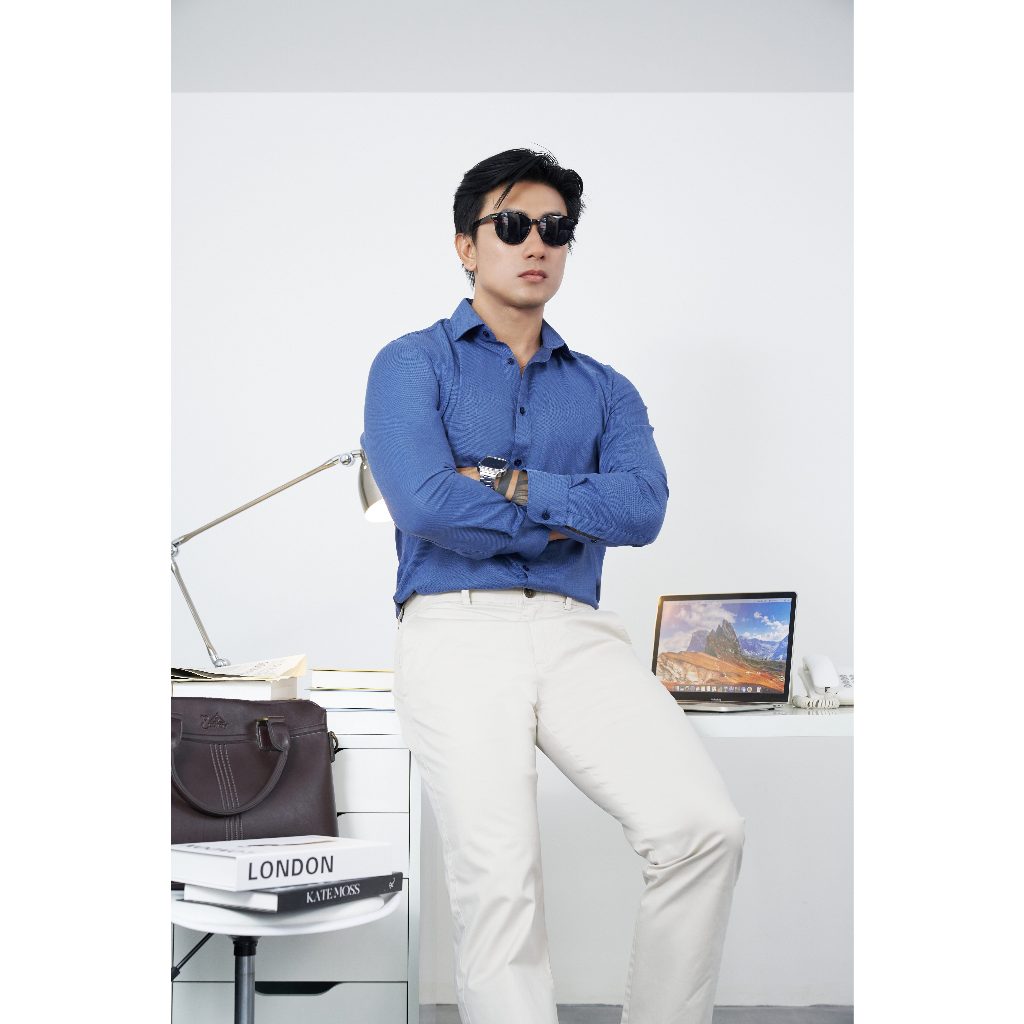 Áo Sơ Mi Nam Dài Tay NINOMAXX Xanh Navy Dáng Slimfit Chất Melange Cotton Chống Nhăn Mềm Mại 2110016