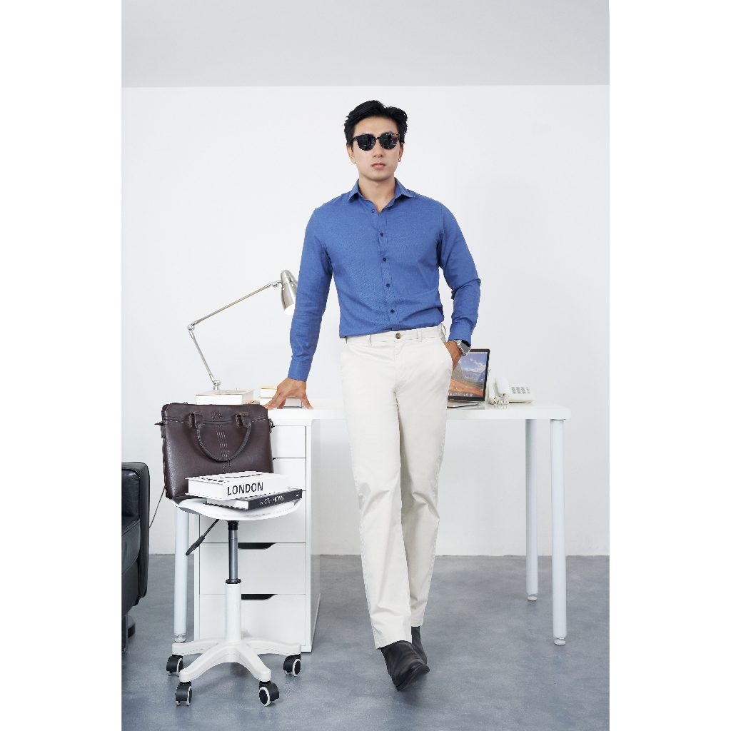 Áo Sơ Mi Nam Dài Tay NINOMAXX Xanh Navy Dáng Slimfit Chất Melange Cotton Chống Nhăn Mềm Mại 2110016