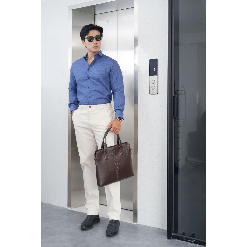 Áo Sơ Mi Nam Dài Tay NINOMAXX Xanh Navy Dáng Slimfit Chất Melange Cotton Chống Nhăn Mềm Mại 2110016