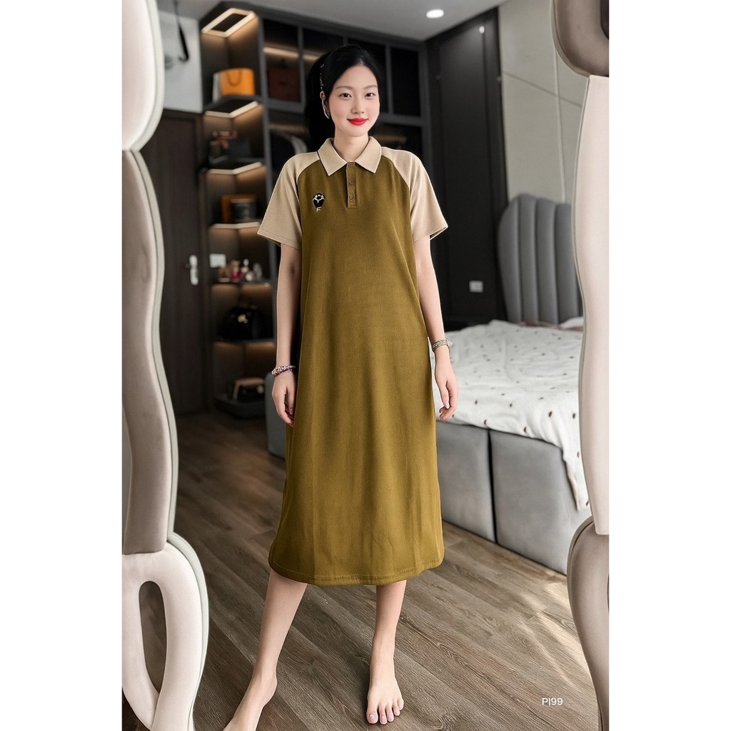 Đầm nữ mặc nhà đi chơi bigsize bầu chubby xinh basic trẻVáy polo dáng dài suông rộng cộc tay raglan phối màu  T1371G