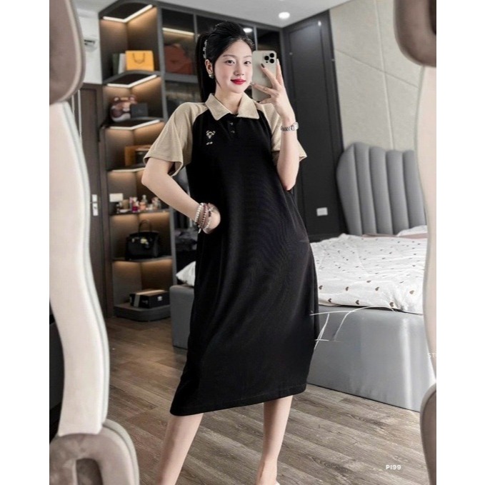 Đầm nữ mặc nhà đi chơi bigsize bầu chubby xinh basic trẻVáy polo dáng dài suông rộng cộc tay raglan phối màu  T1371G