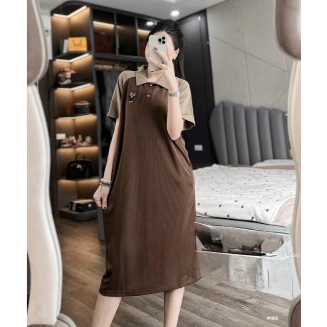 Đầm nữ mặc nhà đi chơi bigsize bầu chubby xinh basic trẻVáy polo dáng dài suông rộng cộc tay raglan phối màu  T1371G