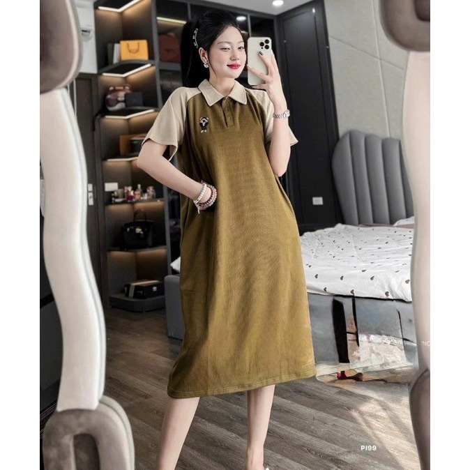 Đầm nữ mặc nhà đi chơi bigsize bầu chubby xinh basic trẻVáy polo dáng dài suông rộng cộc tay raglan phối màu  T1371G