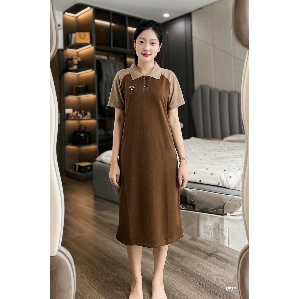 Đầm nữ mặc nhà đi chơi bigsize bầu chubby xinh basic trẻVáy polo dáng dài suông rộng cộc tay raglan phối màu  T1371G