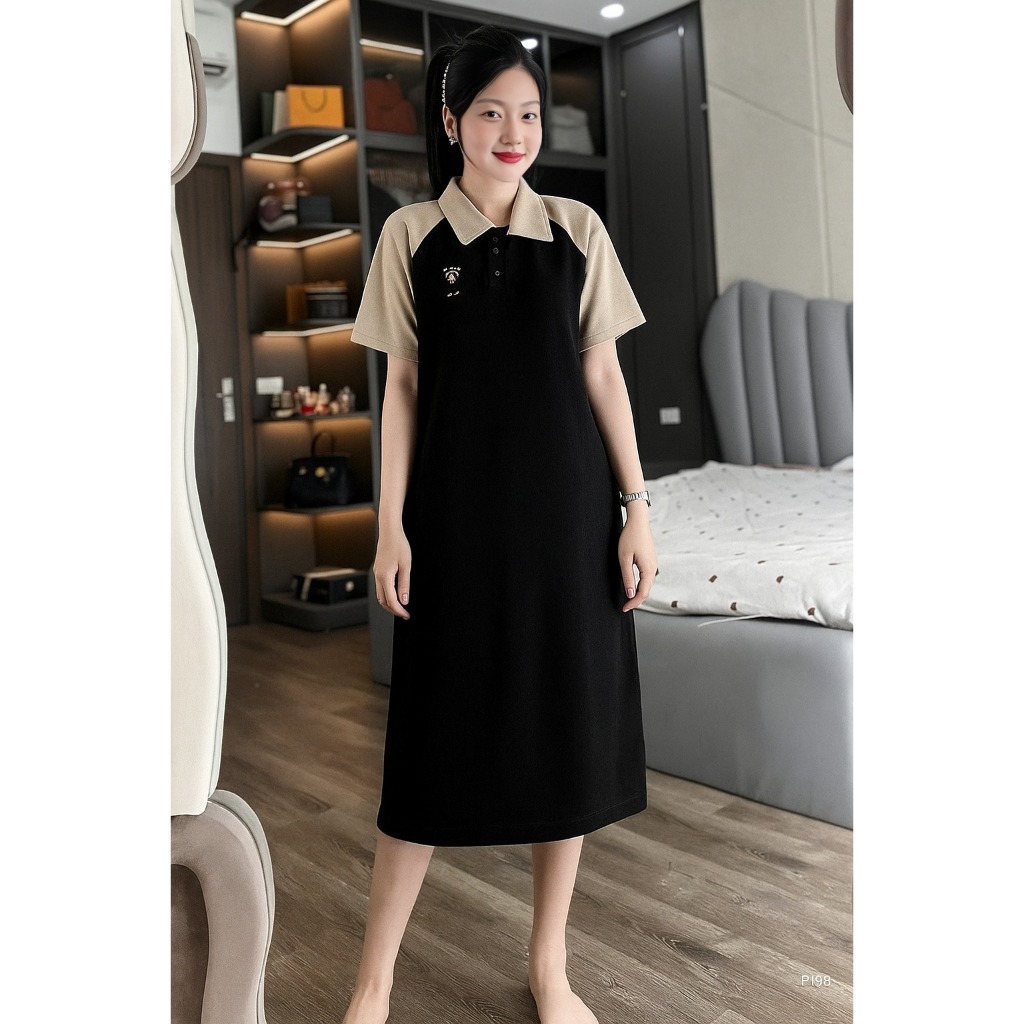 Đầm nữ mặc nhà đi chơi bigsize bầu chubby xinh basic trẻVáy polo dáng dài suông rộng cộc tay raglan phối màu  T1371G