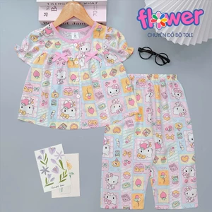 Bộ tole lanh tay ngắn quần dài bé gái,áo cài nút trước có nơ 10-42kg - Đồ bộ tole Flower