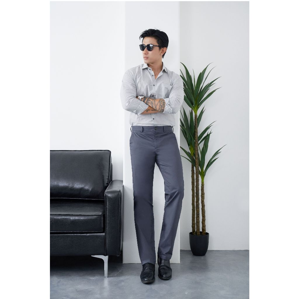 Áo Sơ Mi Nam Dài Tay NINOMAXX Xám Kẻ Sọc Chất Cotton Thoáng Mát Form Slimft Tôn Dáng 2101083