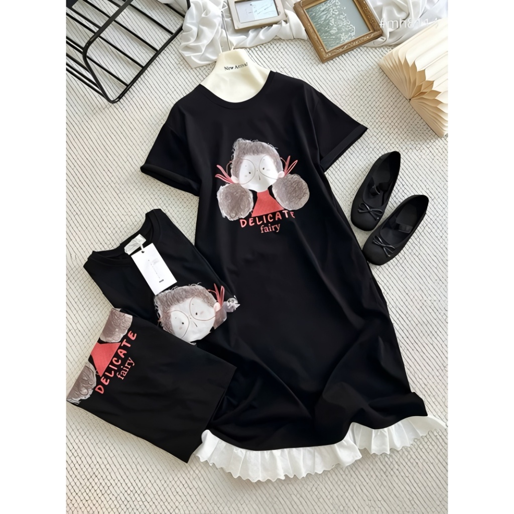 Váy thun suông dáng dài form rộng cổ tròn cộc tay hình chibi cô gá tóc xù  T1287G