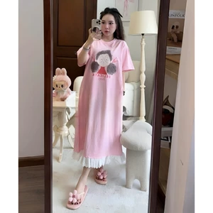 Váy thun suông dáng dài form rộng cổ tròn cộc tay hình chibi cô gá tóc xù T1287G