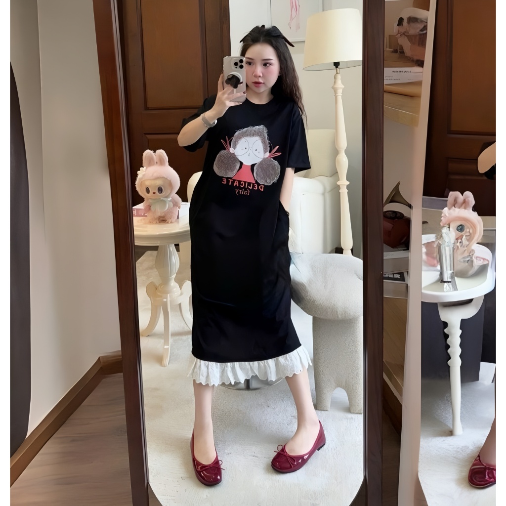 Váy thun suông dáng dài form rộng cổ tròn cộc tay hình chibi cô gá tóc xù  T1287G