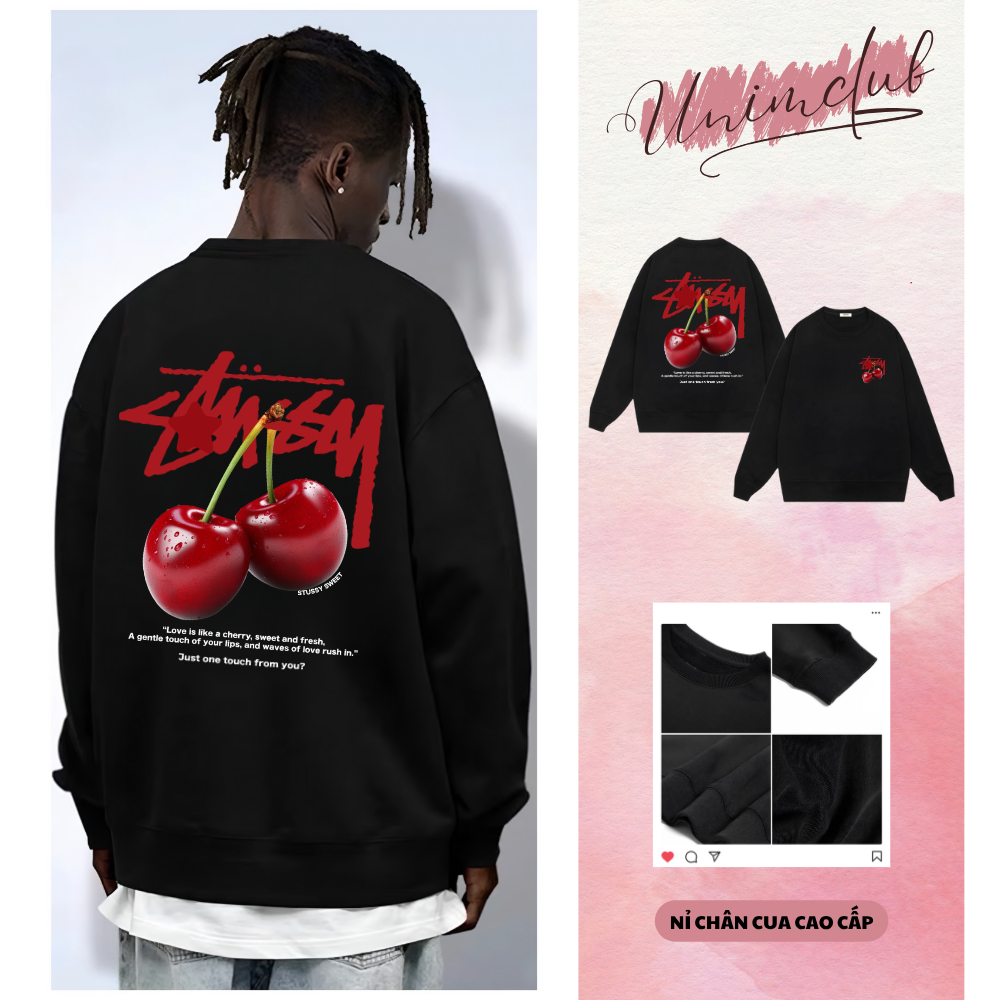 Áo Sweater Dài Tay Stuxy Cherry Form Rộng Chất Liệu Nỉ Chân Cua Form Rộng Âu Mỹ