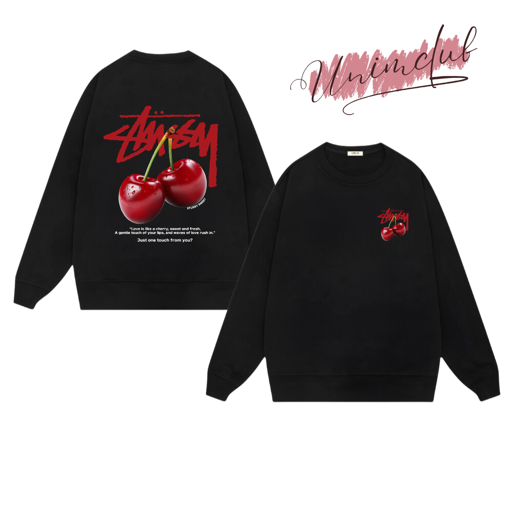 Áo Sweater Dài Tay Stuxy Cherry Form Rộng Chất Liệu Nỉ Chân Cua Form Rộng Âu Mỹ