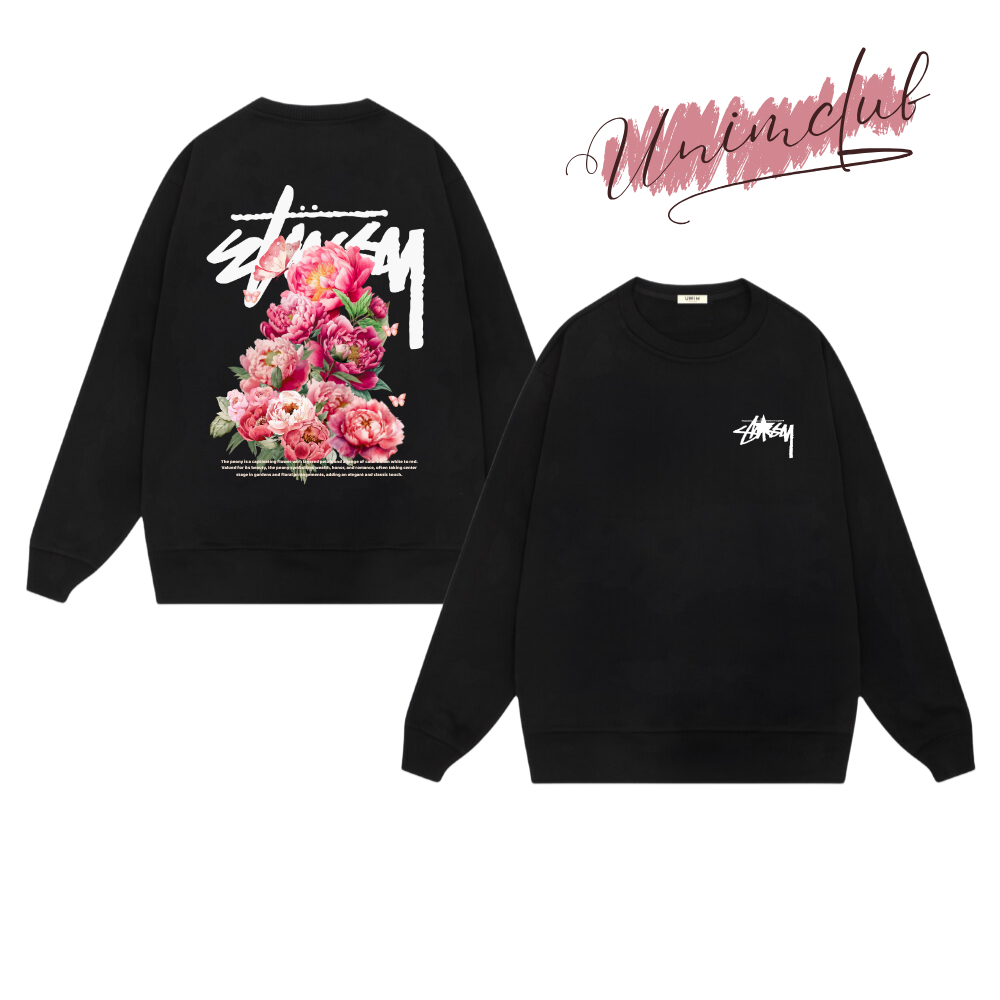 Áo Sweater Dài Tay Form Rộng Stuxy Peony Chất Liệu Nỉ Chân Cua Cotton Cao Cấp