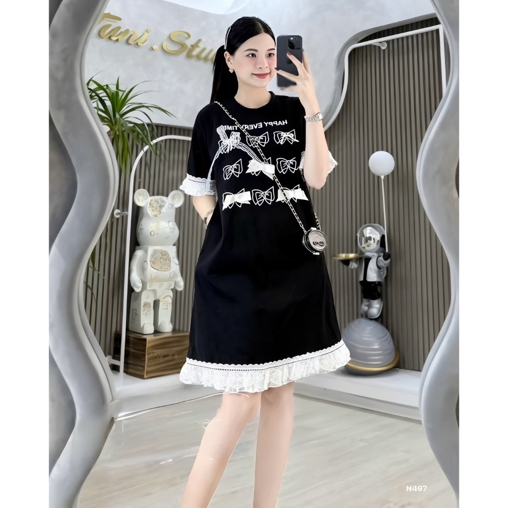 Váy suông rộng dáng dài cộc tay không cổ phối bèo voan đính nơ đen trắng bánh bèoT1244G