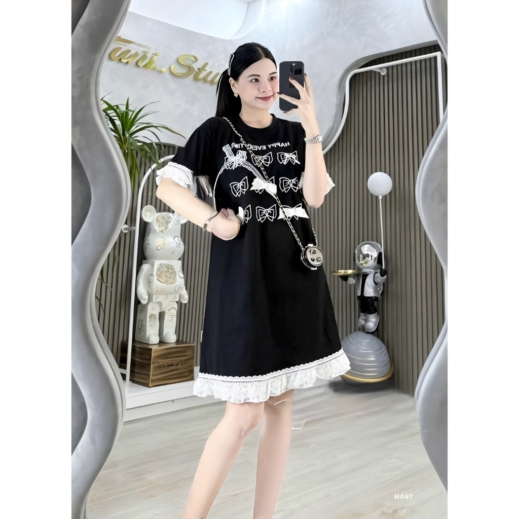 Váy suông rộng dáng dài cộc tay không cổ phối bèo voan đính nơ đen trắng bánh bèoT1244G