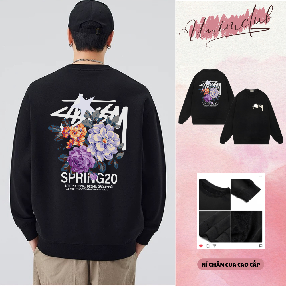 Áo Sweater Stusy Hoa 3 Màu Spring Chất Liệu Nỉ Chân Cua Form Âu Mỹ