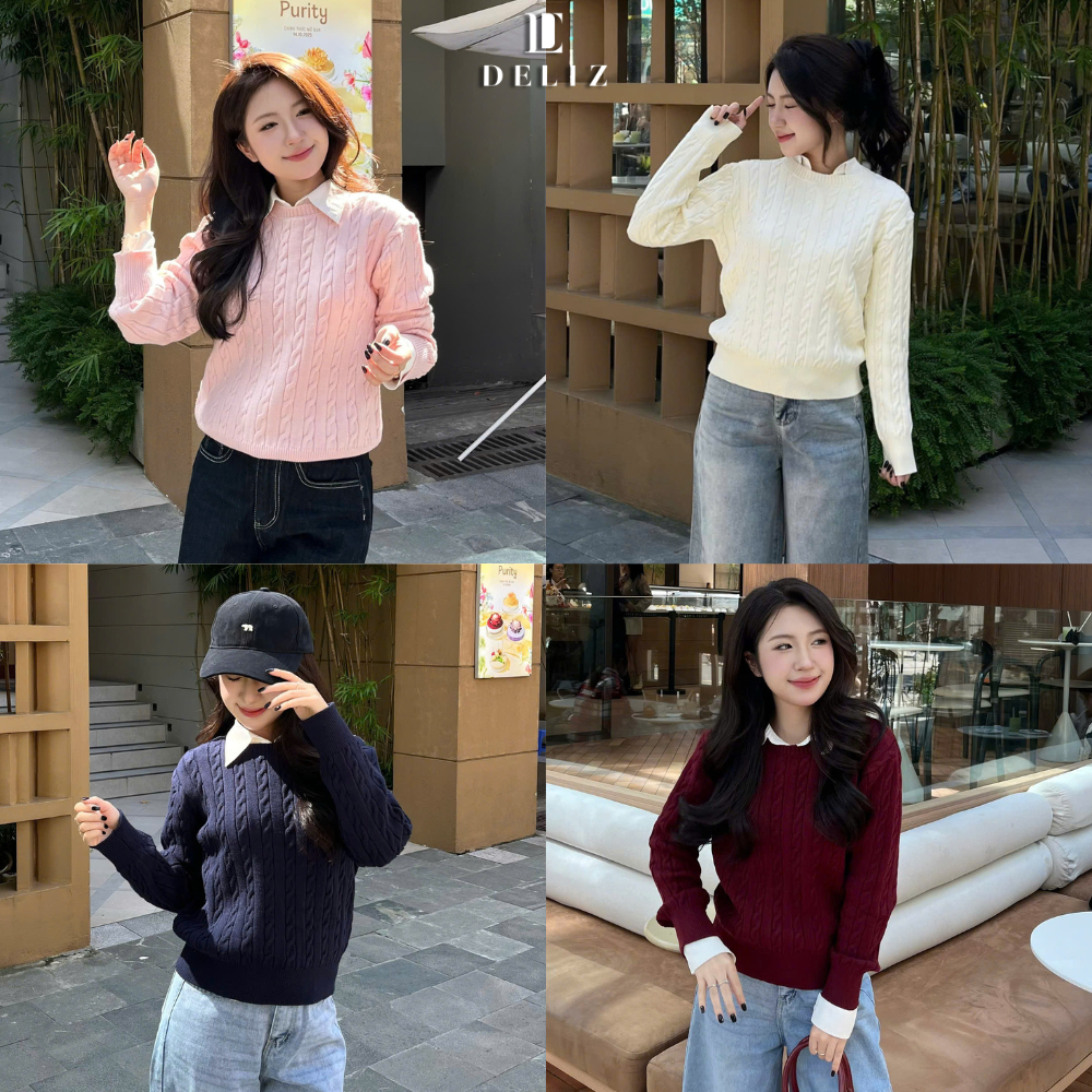 DELIZ - Áo len nữ cổ tròn dài tay vặn thừng len lông thỏ cao cấp dáng trơn basic cho nữ AL69