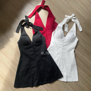 Đầm linen cổ yếm nút bọc có mút phong cách basic, sang chảnh Nữ Women | ByMintt
