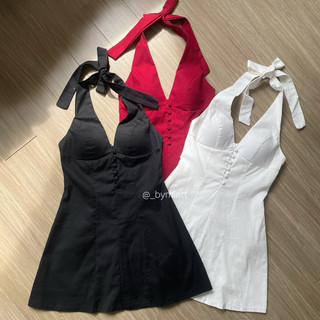 Đầm linen cổ yếm nút bọc có mút phong cách basic, sang chảnh Nữ Women | ByMintt