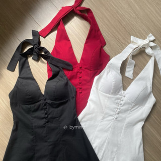 Đầm linen cổ yếm nút bọc có mút phong cách basic, sang chảnh Nữ Women | ByMintt
