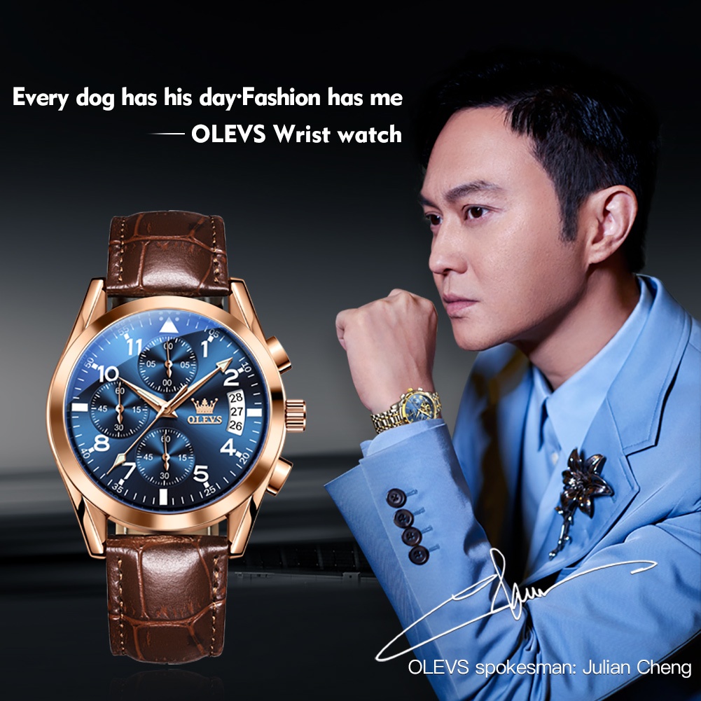 OLEVS Đồng hồ Nam Thạch anh chính hãng mặt số dây da thời trang Lịch Thật Chống thấm nước Quà 2878